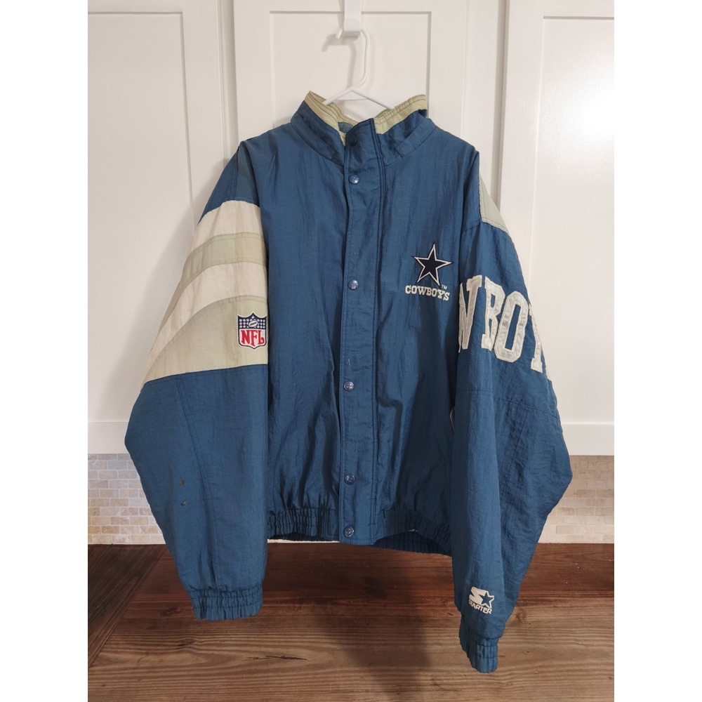 Vintage Starter NFL Dallas Cowboys Jacket Blue Silver Windbreaker XL Puffer Coat